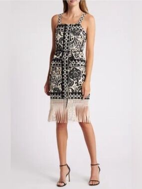 Tahari ASL Priny Fringed Black & Cream Paisley Mini Dress